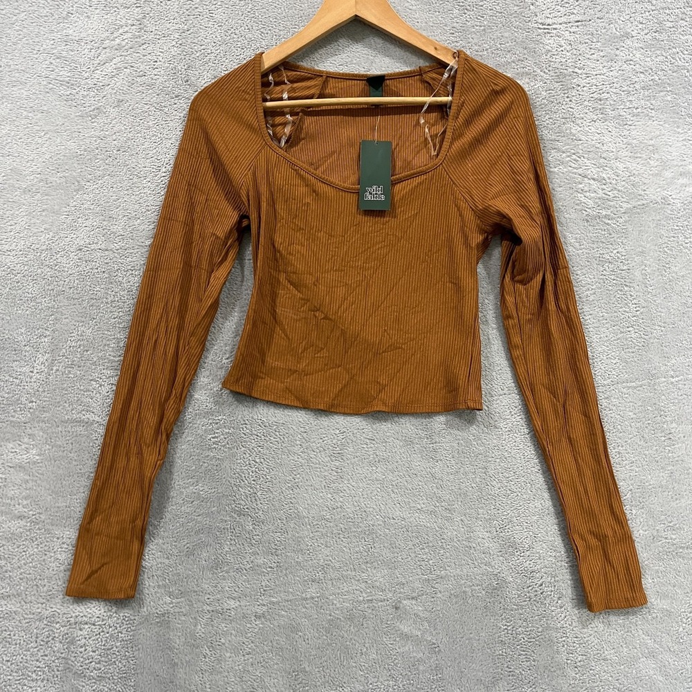 Wild Fable Cropped Ribbed Long Sleeve Square Neck Top Rust Brown Small